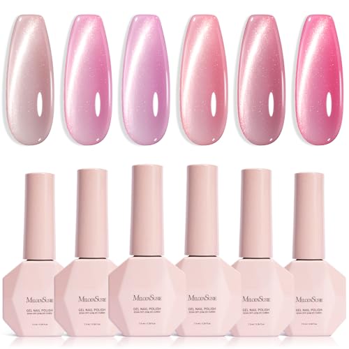 MelodySusie Pink Gem Cat Eye Gel Set Cat Eye Gel Nail Polish Set 6 Pcs 0.26 Fl Oz Glitter Holographic Magnetic Nail Polish with Magnet UV Nail Polish for Nail Art Manicure Salon DIY at Home