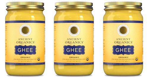 Ancient Organics Ghee, Organic Grass Fed Gluten Free Clarified Ghee Butter with Vitamins & Omegas, Lactose Free, 100% Certified Organic, Kosher, USDA Certified, Made in USA - 32 Fl Oz (Pack of 3)