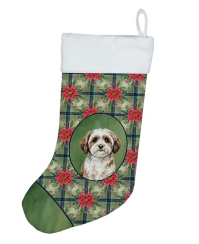 Caroline's Treasures Parti-Color Havanese Christmas Poinsettas Holiday Stocking Double-Sided Print, Polyester Suede,11x18, Made in USA