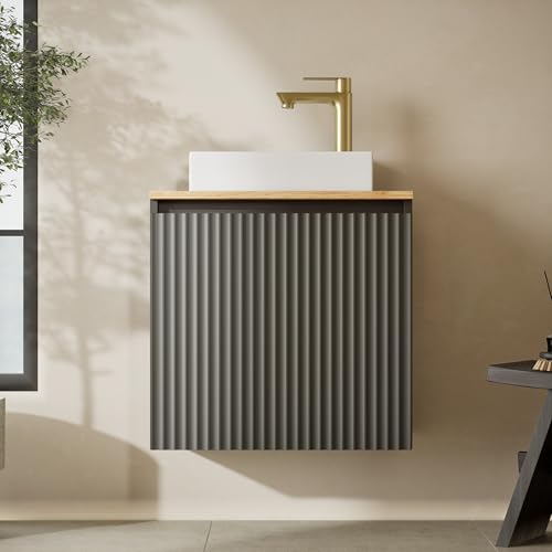 Planetmöbel Badmöbel Set Waschtisch mit Unterschrank 56 x 55 x 30 cm Anthrazit, mit Waschtischarmatur & Waschbecken Ablaufgarnitur Gold Brush für Badezimmer, Gäste WC & Bad