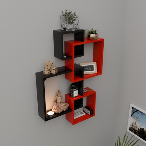 Image of ETIQUETTE ART Floating Cube Shelves - Intersecting Wall Mounted Shelves - Wall Decor Square Shelves for Bedrooms, Living Rooms & More - Set of 4 Box Shelves (Red & Black)