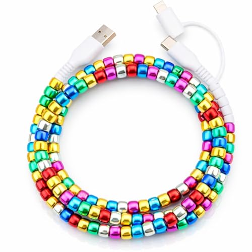 Image of Stylish [Apple MFi Certified] Beaded Phone Charger Cable Metallic Colors USB Cable 2 in1 USB-C Charging Cord for Smartphones 3.3ft (Multicolor)