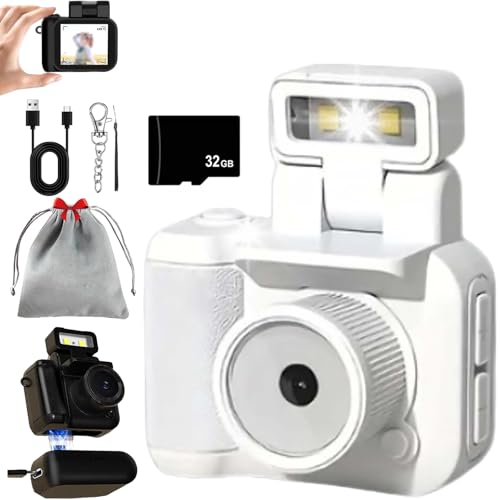 bolstoc Zoomu Mini Camera Keychain, with 1.44-Inch Hd 1080p Screen, 90° Flip Flash Retro Snap Camera with 6 Filters (White-32G)