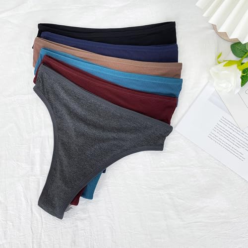 Image of 6 Pack Women's Ribbed Cotton Thongs High Waist Panties Underwear | GAREDOB 6 Pack Women's Ribbed Cotton Thongs High Waist Seamless Panties Plus Size High Rise No Show Underwear