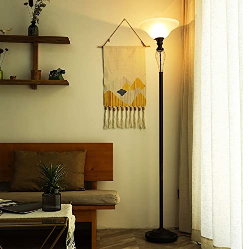 Antique Bronze Torchiere Floor Lamp With Glass Shade, Tall Torch Lamp For Living Room Corner Bedroom Office, 71" Uplight Task Standing Lamp With Led Bulb, 3 Way Pole Floor Light #TOP25