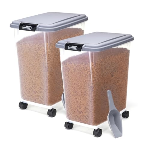Nobleza - 2 Stück Futterbehälter für Haustiere 30 L, für Haustiere, Lebensmittelbox mit Rädern, Klappdeckel, Luftdicht, Transparent, Rollen und Schaufel, für Hunde und Katzen, Grau