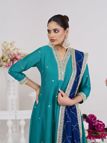 Image of MOKOSH Women's Silk Embroidery Anarkali Kurta Pant with Dupatta | Anarkali Kurta Set |Embroidered |V Neck Full Sleeve Ethnic Suit |3 Piece Outfit
