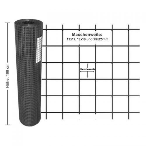 Garmix Volierendraht Maschendraht 4-Eck Drahtgitter Drahtzaun Schwarz 19x19mm (100cm x 25m 1,45mm)