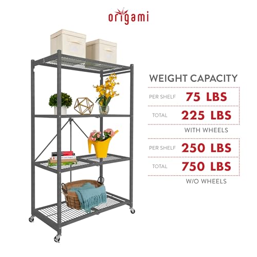Origami-4-Tier-Folding-Shelves-Storage-Shelving-Rack-Unit-with-Wheels-Gray