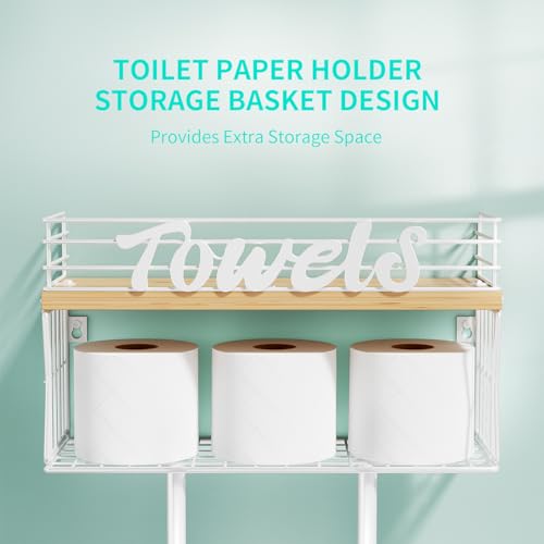 HapiRm Towel Racks Bathroom Storage - Wall Mounted Towel Holder with Metal Storage Basket and Wood Shelf, Rolled Towel Organizer with 3 Hooks for Small Bathroom (White)