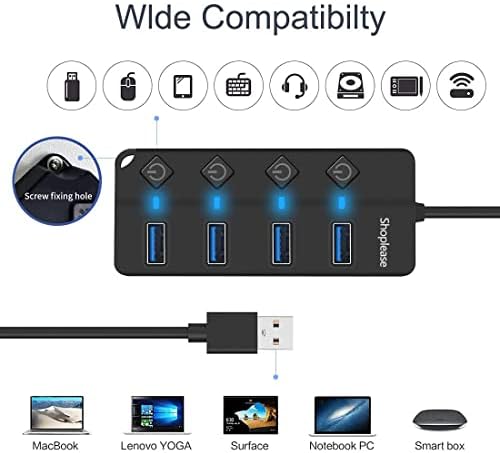 shoplease 4-Port USB 3.0 Hub with Individual Power Switches and Lights, High-Speed Data Hub Splitter Portable USB Extension Hub for PC Laptop and More (With Power Adapter Cabler)