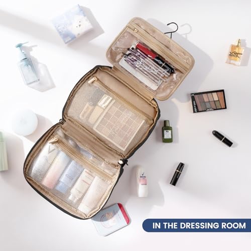 LOVEVOOK Travel Toiletry Bag With Hanging Hook for Women, Puffy Cosmetic Makeup Bag Organizer with Vegan Leather Handle for Accessories, Essentials, Toiletries，Black4