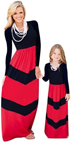 WIWIQS Summer Casual Mommy and Me Boho Striped Chevron Maxi Dresses Red and Black Long Sleeve 9-10T