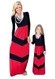 WIWIQS Summer Casual Mommy and Me Boho Striped Chevron Maxi Dresses Red and Black Long Sleeve 9-10T