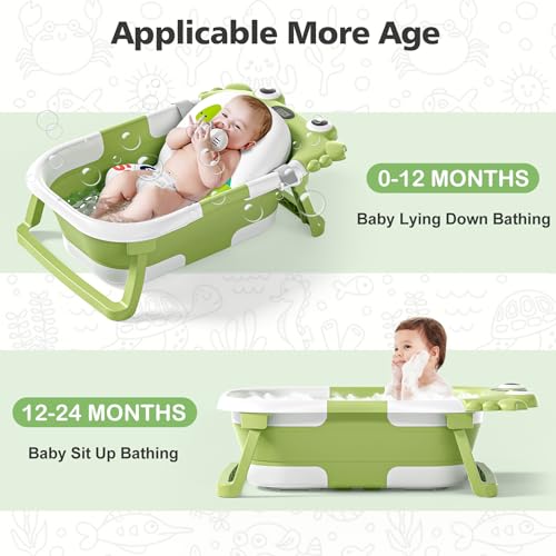 Image of Collapsible Baby Bathtub for Newborns with Thermometer and Soft Floating Cushion Portable and Foldable Travel Baby Boy Bath Tub for Infants to Toddler 0-36 Month (Green)