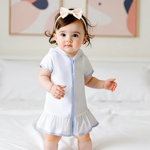 Image of Girls Hooded Terry Coverups One Piece Swimsuits Beach Stripe Trim Zip Up Fly Sleeve Swim Cover Up Swimwear