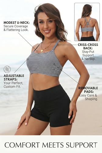 Image of 3 Piece Swimsuits Open Tie Back Tankini Top And Athletic Swim Shorts | Supportive Strappy Swim Bra, Adjustable Straps, Removable Pads, Tummy Control Boyshorts, Quick Dry Fabric, XXS-20 Plus