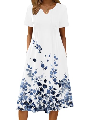 Zeagoo Summer Dresses for Women 2026 Floral Midi Sundress with Pocket Short Sleeve Petite Dress Flowy A-Line Pleated Flare Dresses V-Neck Shift Dress Vocation Beach,L