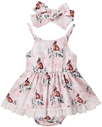 Ied Kashiqi Toddler Baby Girl Clothes Newborn Short Sleeve Ruffle Floral Suspender Skirt Headband Summer Infant Outfit Set Little Girl Overall Dress Pink 70CM