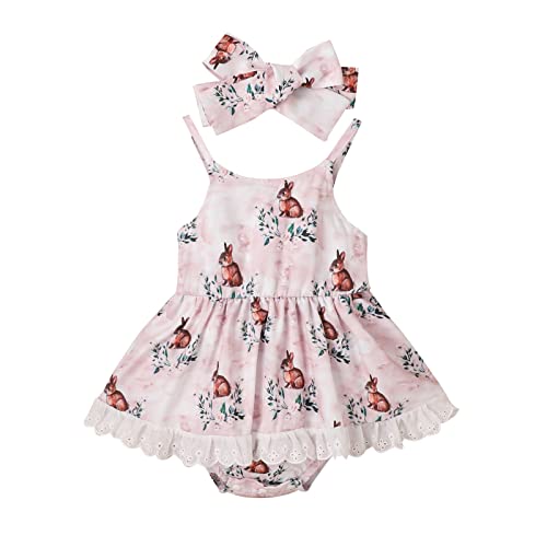 Ied Kashiqi Toddler Baby Girl Clothes Newborn Short Sleeve Ruffle Floral Suspender Skirt Headband Summer Infant Outfit Set Little Girl Overall Dress Pink 70Cm #TOP20