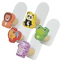 GLEAVI 5pcs Cute Wooden Wall Hooks Cartoon Frog Adhesive Sticky Hooks Boys and Girls Room Decor No Drill Coat and Bag Hangers Animal Wall Hanging