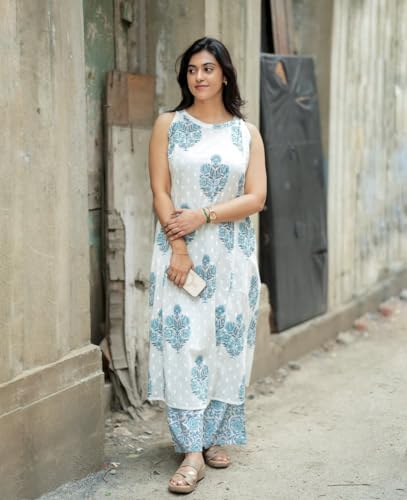 Image of ANNI Designer Women's Rayon Viscose Printed A-Line Kurta Co-Ord Set with Palazzo | Sleeveless Round Neck Ethnic Outfit | Comfortable Traditional Dress for Ladies