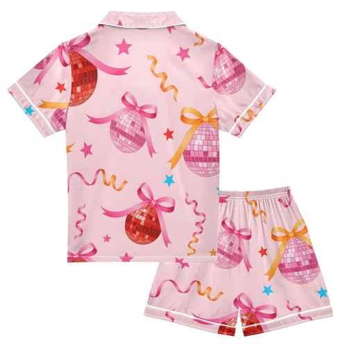 Satin Pajama Sets Short Sleeve Disco Balls with Ribbons Pattern Button Down Silky Nightwear 2 Piece PJS 5-14Y2
