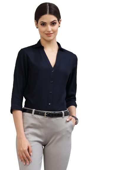Image of Style Quotient Women Solid Navy Viscose Rayon Semi Formal Shirt