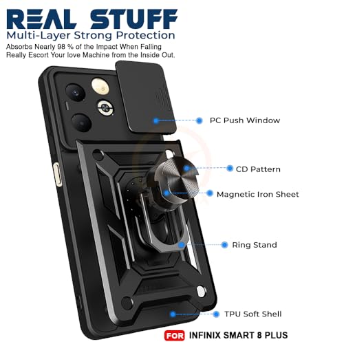Image of Armor Bumper Back Cover Case for Infinix Smart 8 Plus Rotating Camera Cover, Ring Holder & Kickstand | Heavy Duty & 360 Degree Protection Infinix Smart 8 Plus Back Cover (Black)