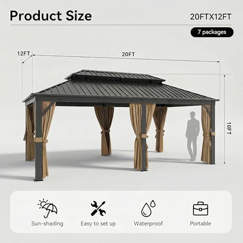 Image of HOTEEL 12x20 Gazebo on Clearance with Metal Roof & Drainage System, Heavy Duty Hardtop Gazebo with Flame-Retardant Curtain & Netting, Outdoor Gazebos with Galvanized Steel Double Roof for Patio, Party