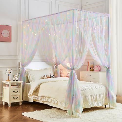 JQWUPUP Pink Rainbow Bed Canopy for Girls Kids, 4 Corner Post Romantic Princess Canopy Bed Curtains Twin for Bedroom Decor