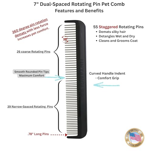 Image of Cat Comb with silky smooth rotating teeth- clears mats gently and easily (5 inch has ultra fine spaced teeth; 7 inch dual-spaced teeth) (Onyx Black, 7 inch)