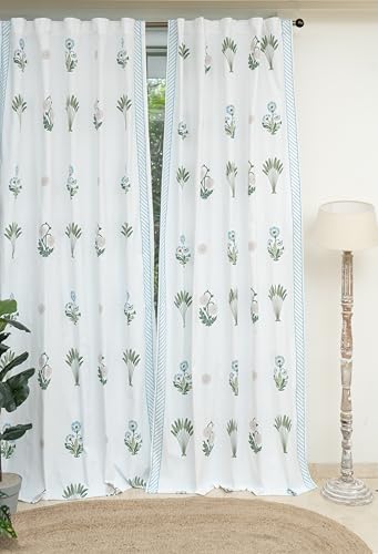 Image of Tranquebar Curtain Co. Window Curtains 5 Feet, 60-65% Room Darkening, Blue Ethnic Curtains Palms Print, Cotton Curtains for Window, Cotton Curtains 5 Feet Long Set of 2, BackTabs, Bagh (152 cm)