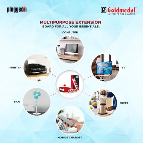 Image of Goldmedal 240 Volts Plugged-in 4x1 Extension Board | 4 Outlet Universal Sockets | Master Switch with Indicator | 5 Meter Heavy Duty Extension Cable | Multi Plug Socket for Home & Office