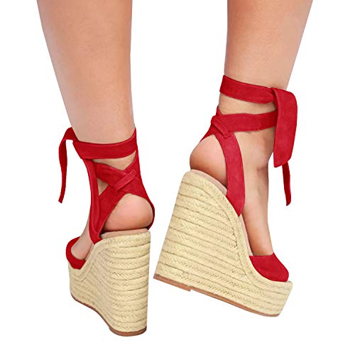 Image of Womens Espadrilles Wedges Sandals Heels Open Toe Tie Lace Up Platform Ankle Strap Summer Dress Shoes