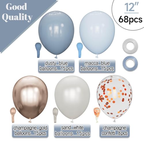 Image of 68Pcs Dusty Blue and Champagne Gold Balloons 12 Inch Sand White Pastel Baby Blue Confetti Balloon for Boy Baby Shower Bridal Shower Birthday Wedding Party Decorations.