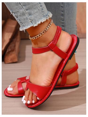 GORGLITTER Women's Red Strappy Ankle Strap Sandals Fisherman Cut Out Dressy Open Toe Flat Sandals 20254
