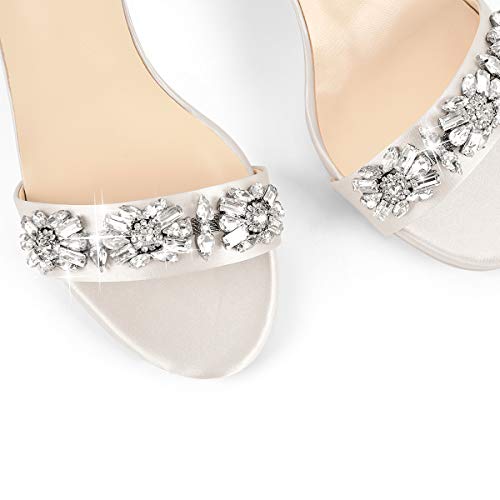 LISHAN Women\'s Satin Bridal Rhinestone Ankle Buckle Strappy Sandals Jewel Embellished Mid Kitten Heel Party Wedding Dress Shoes White Size 5 - Thumbnail 4