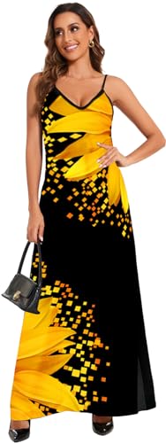 Image of Women's Maxi Sunflower Dresses Sleeveless Long Tie Dye Dress Casual Sundresses with Pockets
