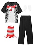 Nikiikoo Kids Cat in the Hat Costume Halloween Cosplay Party Outfits Fancy T-Shirt Pants Striped Hat Gloves Black 11-14 Years