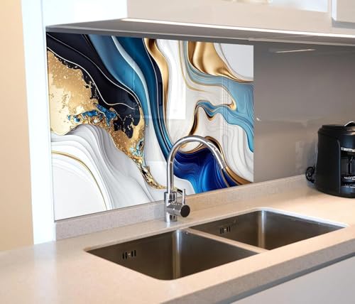 Image of KBR Self-Adhesive PVC 3D Wall Sticker Oil Proof and Waterproof, Kitchen Backsplash Blue Gold Stickers Wallpaper for Hotel, Living Room, Bedroom & Cafe Walls (60cm x 200cm, Pack of 2)