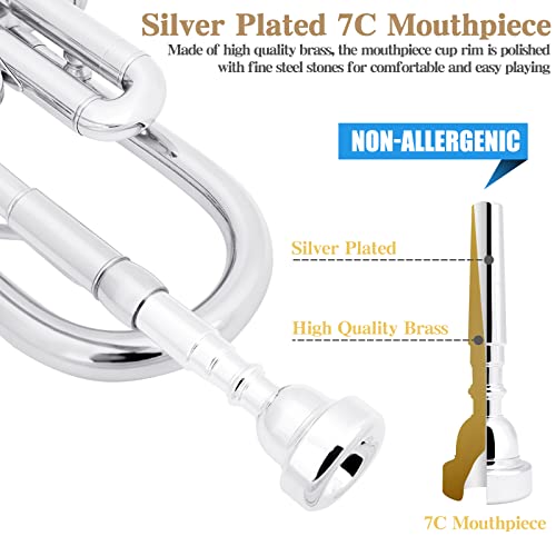 Slade Bb Trumpet Brass Instruments Standard Brass Trumpet Set For Student Beginner Professional Trumpet With Trumpet Case, Cleaning Kit, 7C Mouthpiece And Gloves, Silver #TOP4