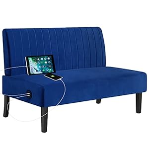 STHOUYN 43″ W Mini Small Comfy Couch Armless Loveseat Sofa for Bedroom with USB Port, Velvet Small Couches for Small Spaces Living Room, Apartment Office Dorm (Navy Blue)