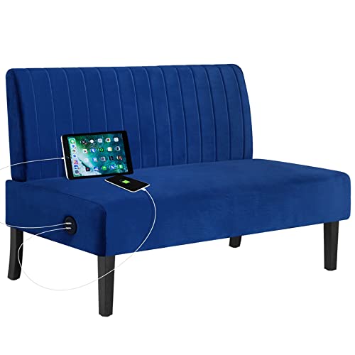 STHOUYN 43″ W Mini Small Comfy Couch Armless Loveseat Sofa for Bedroom with USB Port, Velvet Small Couches for Small Spaces Living Room, Apartment Office Dorm (Navy Blue)