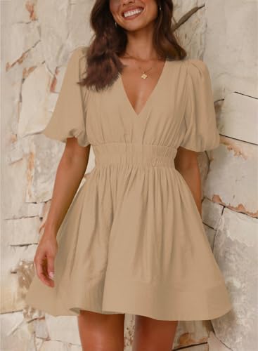 Image of Outfeel Women 2025 Summer Mini Dress Puff Short Sleeve Sexy V Neck A Line Elastic High Waist Flowy Swing Dresses