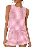 IDEALSANXUN Gingham Sets for Women 2 Piece Outfits 2026 Pajama Sets Fashion Spring Summer Beach Vacation Outfits Cotton Linen Tank Tops and Plaid Shorts, Pink, M