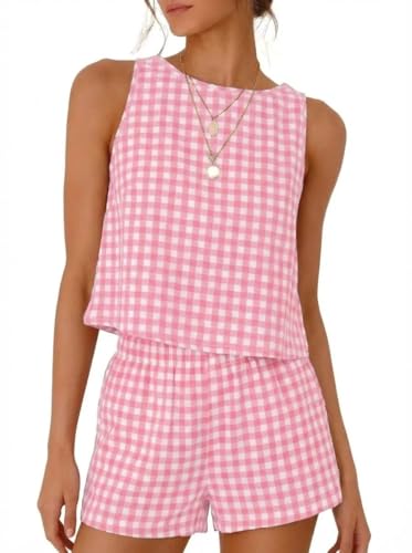 IDEALSANXUN Gingham Sets for Women 2 Piece Outfits 2026 Pajama Sets Fashion Spring Summer Beach Vacation Outfits Cotton Linen Tank Tops and Plaid Shorts, Pink, M