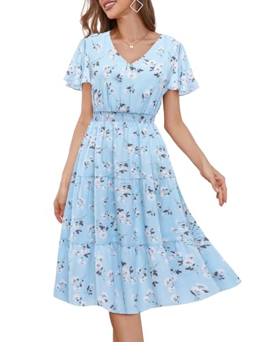 Image of Bridesmay Women's Summer Floral Midi Dress V Neck Short Sleeve A-Line Casual Beach Vacation Dresses Flowy