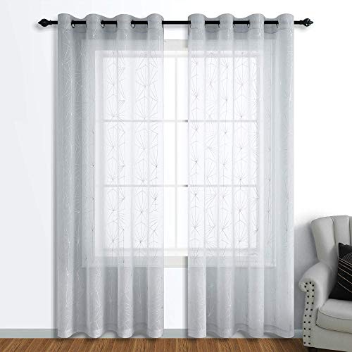 Gray Sheer Curtains 63 Inch Length For Living Room Set 2 Panels Linen Look Silver Metallic Print Diamond Stripe Glitter Pattern Window Drapes For Living Room Dinning Room Grommet Top Grey #TOP1