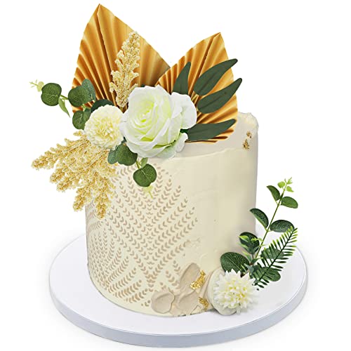 Lukinuo 16 piezas de decoración bohemia para tartas, decoración de tartas, hojas de palma doradas, clavel, eucalipto, hojas de sauce de eucalipto, novias, baby shower